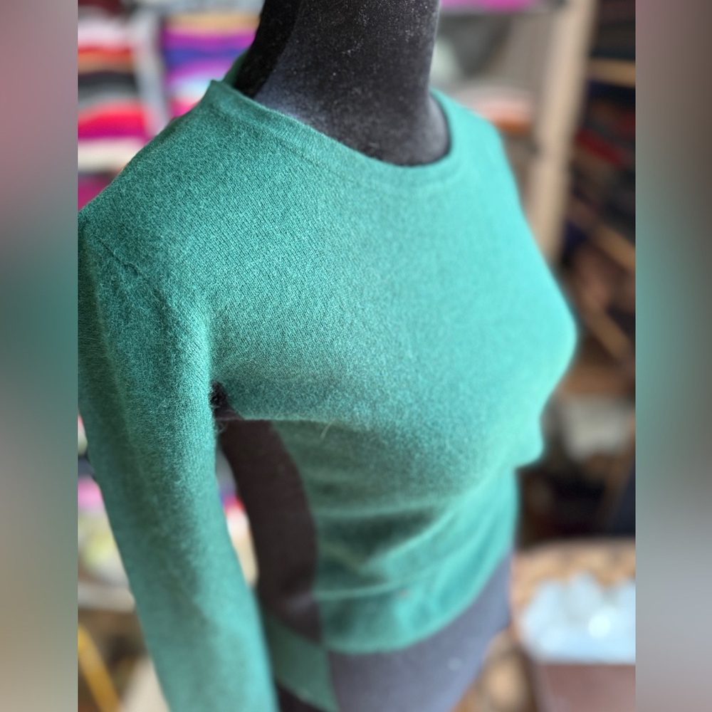Thomas Wylde Green/Black Crew Neck Cashmere. Skull on Back. Side Buckle Details.